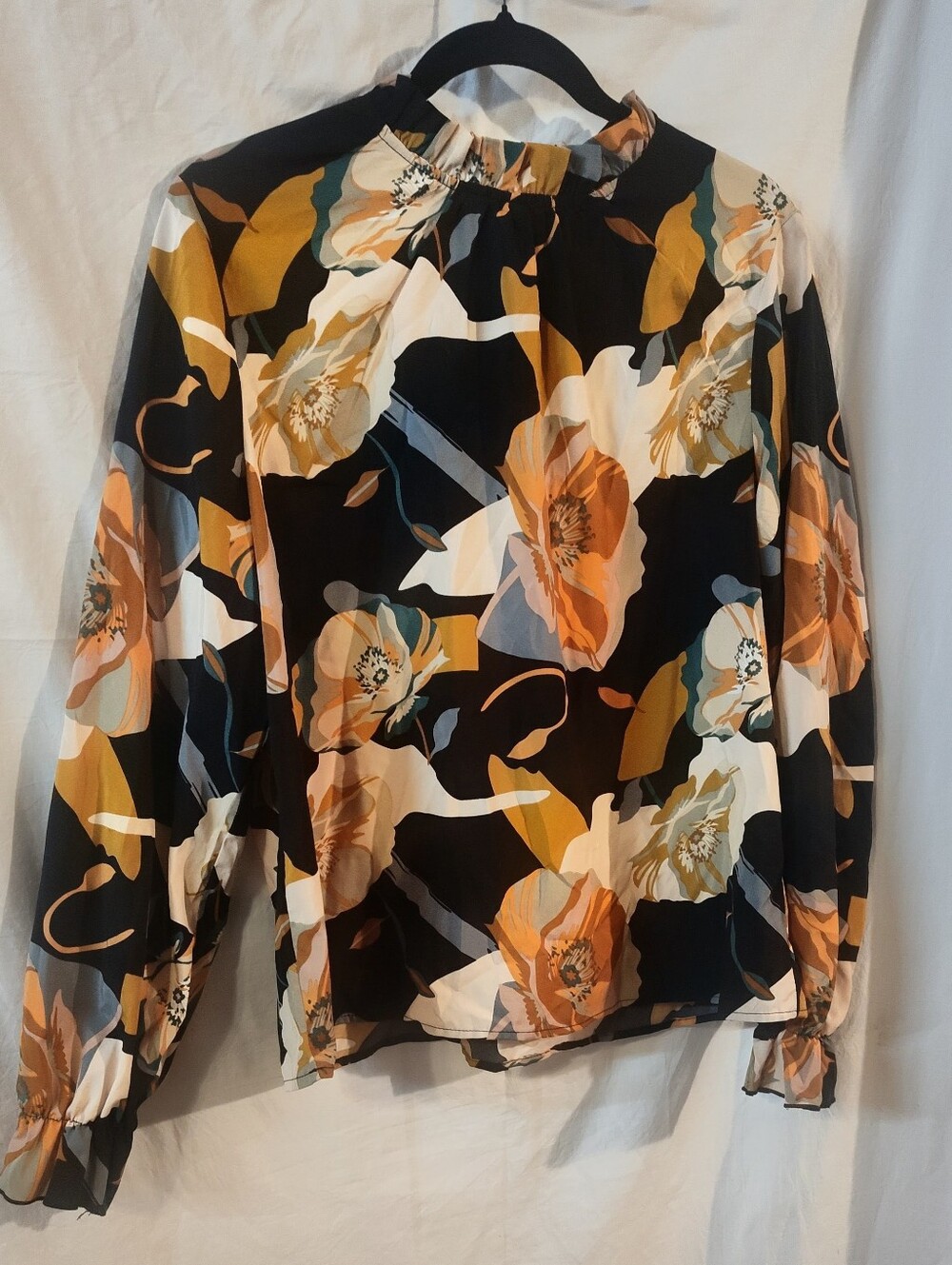 Women's Black Floral Long-Sleeve Blouse - Neutral & Mustard Print